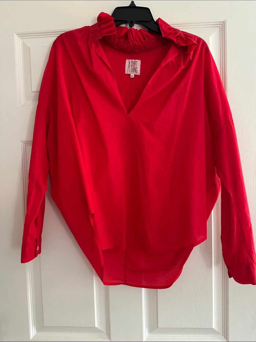 A SHIRT THING Red Ruffled Neck Long-Sleeve Blouse